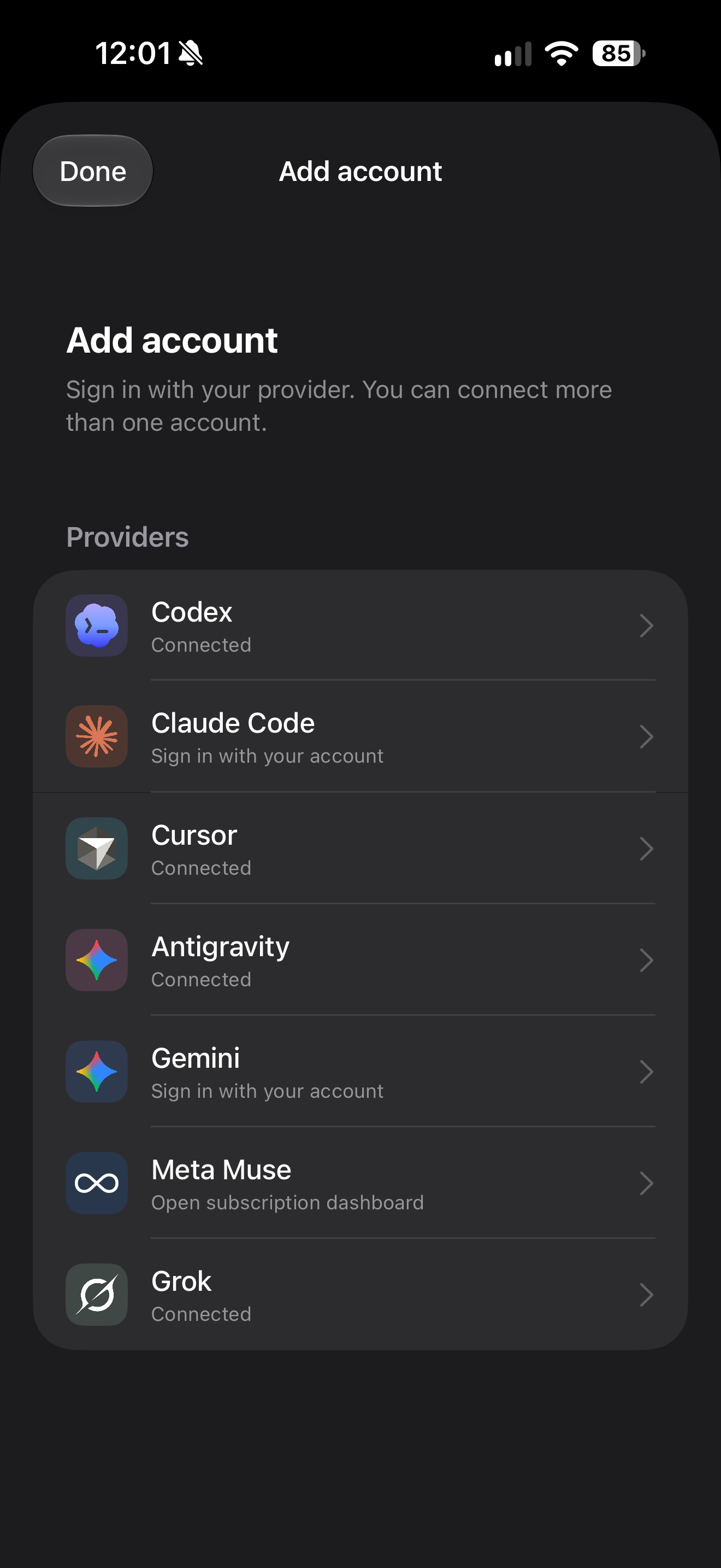 Add account screen with Codex, Claude Code, Cursor, Antigravity, Gemini, and Grok providers