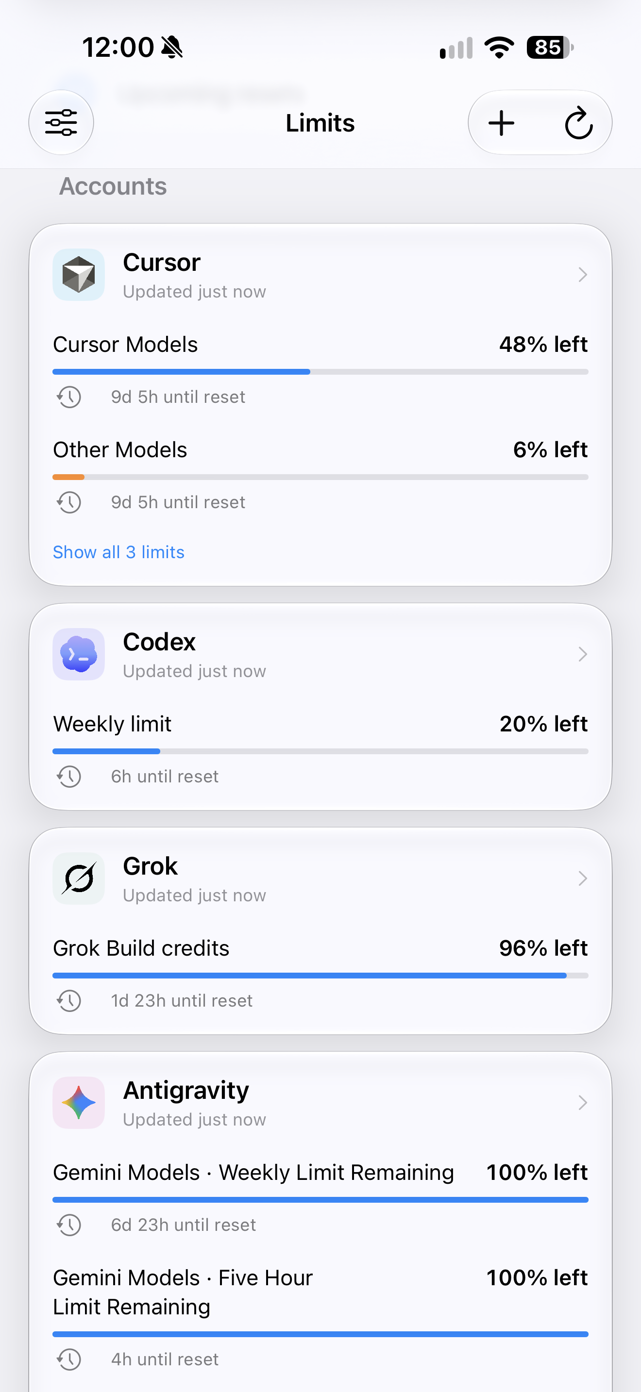Limits dashboard showing remaining AI allowances for Cursor, Codex, Grok, and Antigravity
