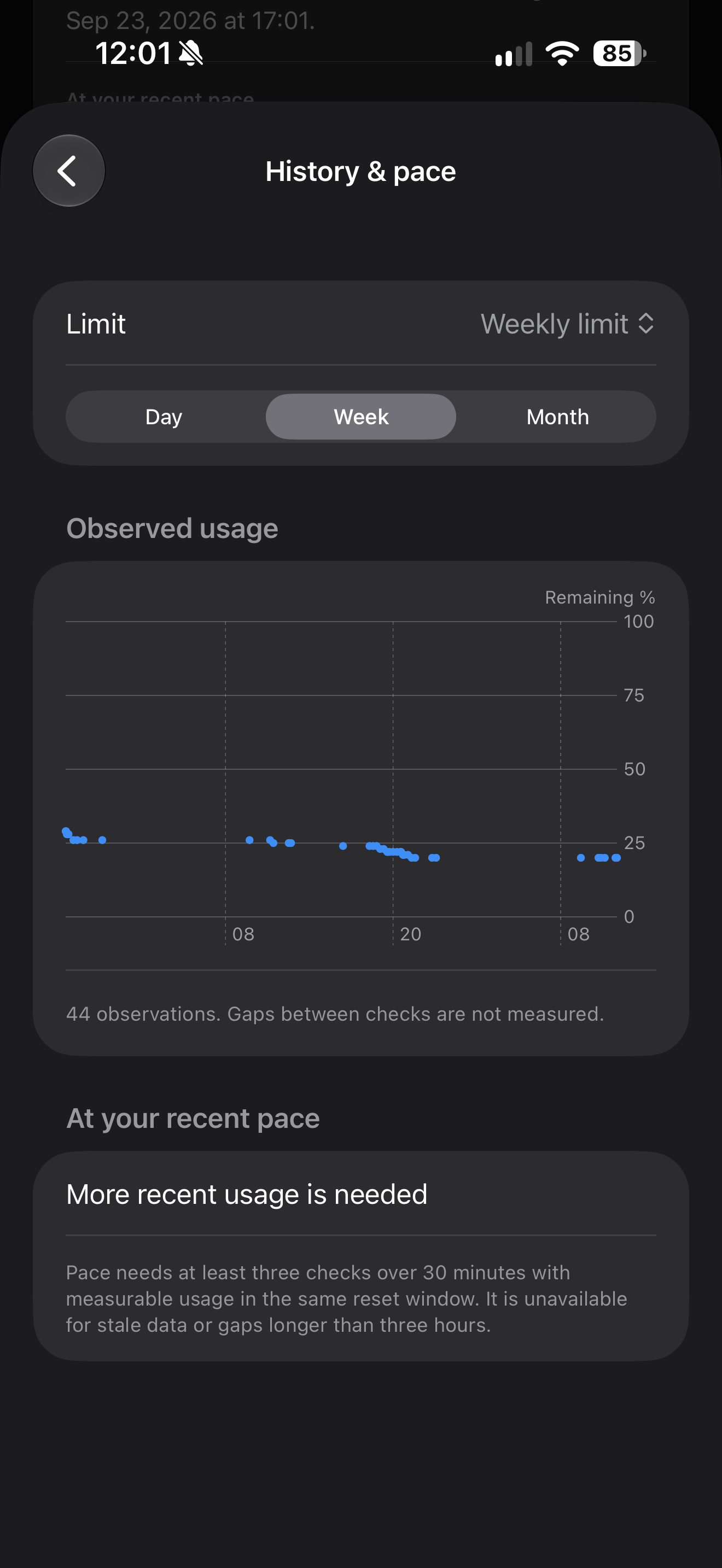 Usage history and pace chart in Limits