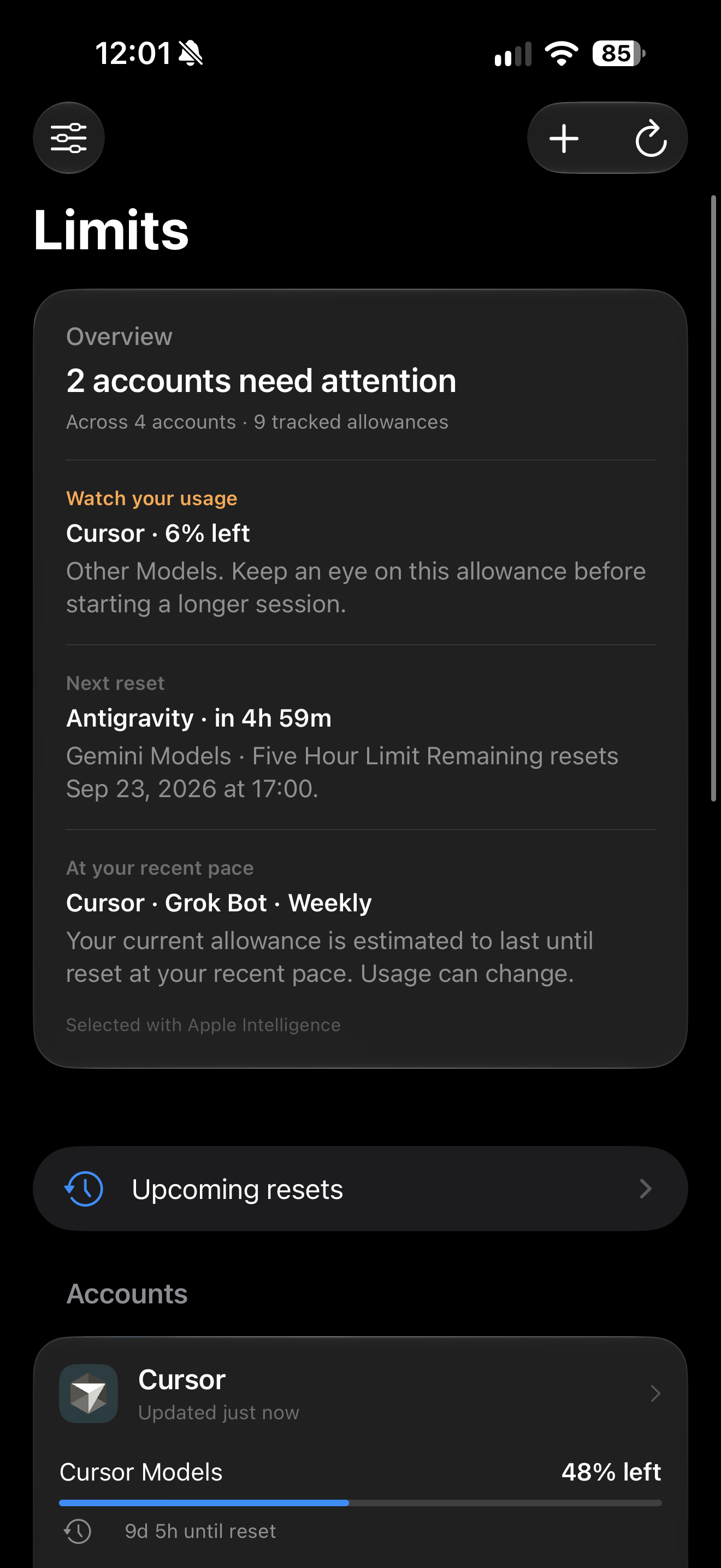 Dark mode overview highlighting low allowances and the next reset