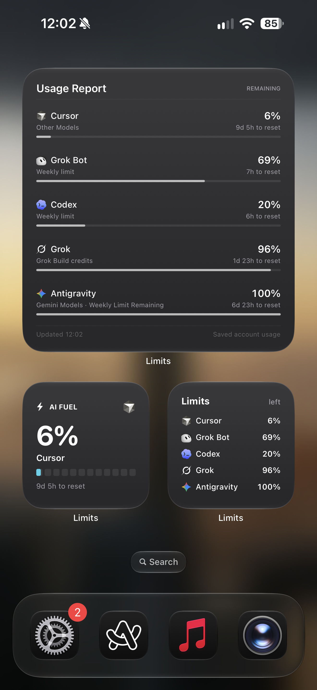 Limits Home Screen widgets showing remaining allowances